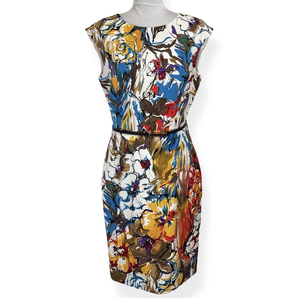 Ellen Tracey Bold Floral Print Sheath Dress Size 10 Belted Lightweight Colorful